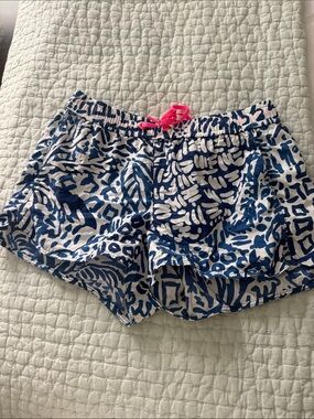 Lilly Pulitzer Blue & White Printed Athletic Shorts with Pink Drawstring